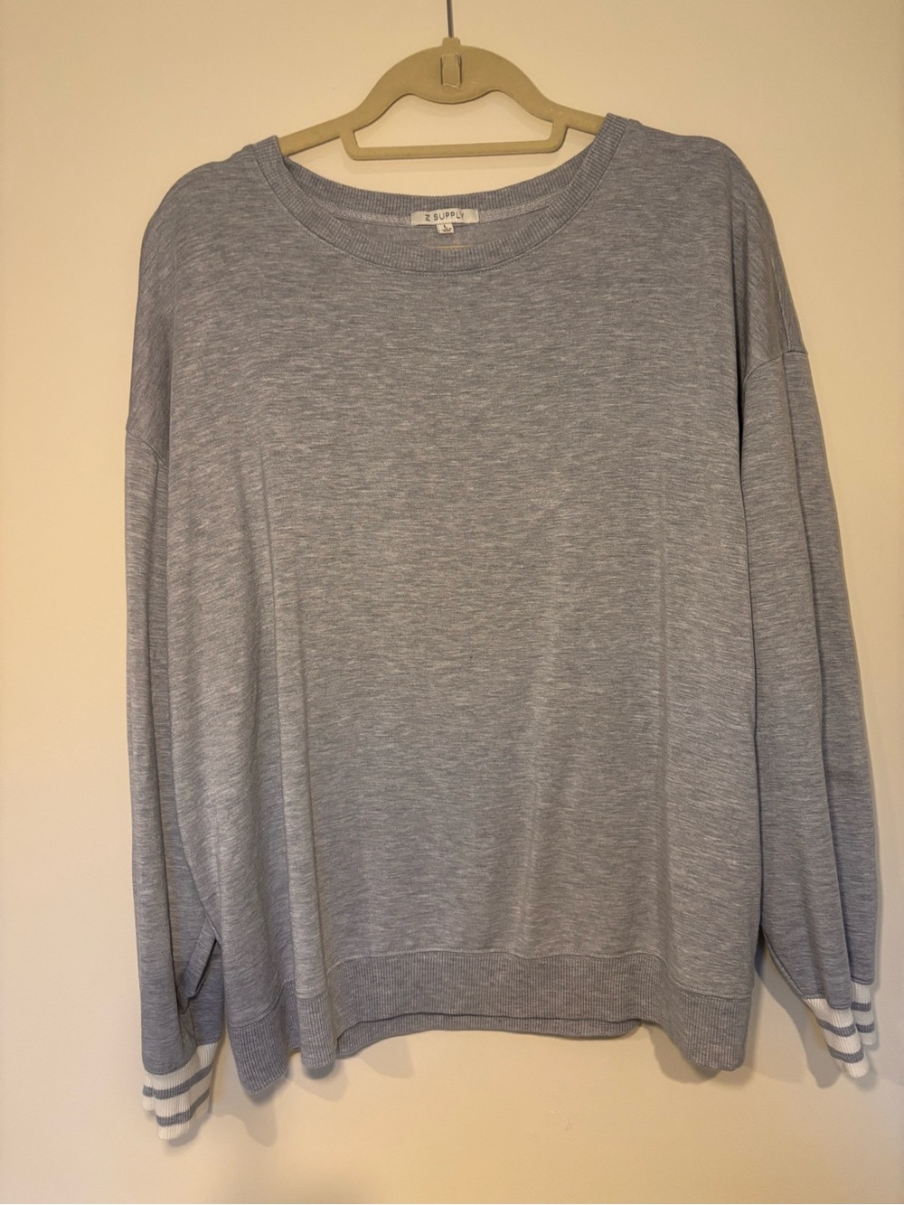 Z Supply Heather Light Gray Crewneck Sweatshirt with Stripe Cuffs